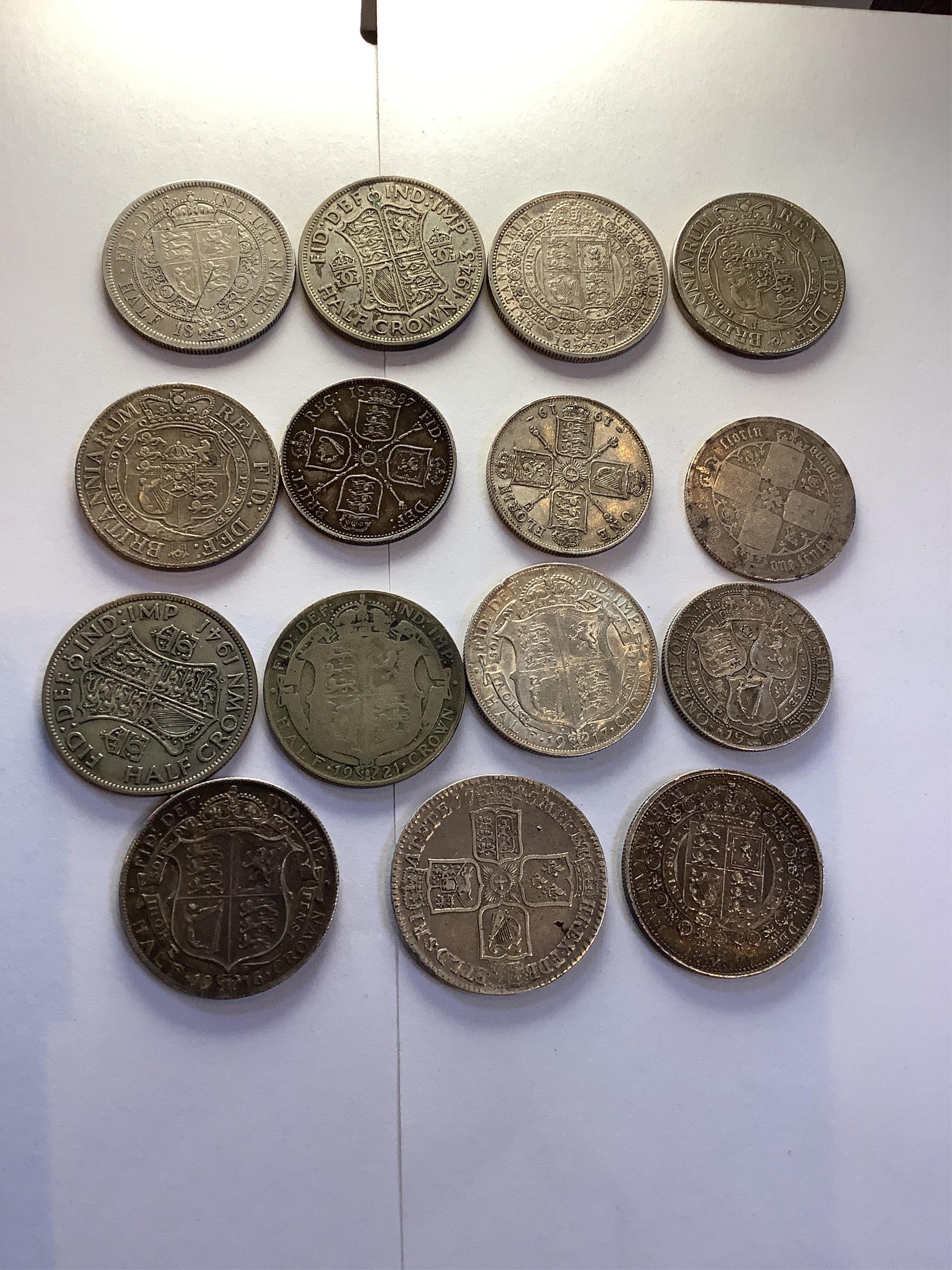 British silver coins, George III to George VI, including George II half crown, 1745, Lima, fine or better, numerous Victoria to George V halfcrowns and florins